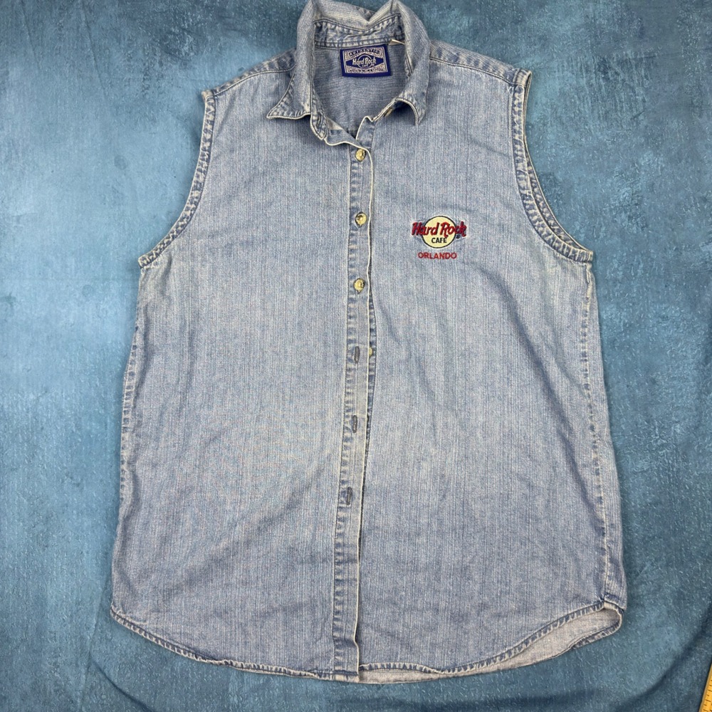 Hard Rock Cafe Orlando Sleeveless Denim Shirt Light Wash Blue XL Womens